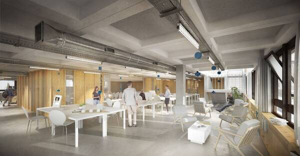 Image de synthèse du futur Fablab montrant des personnes évoluant dans des bureaux