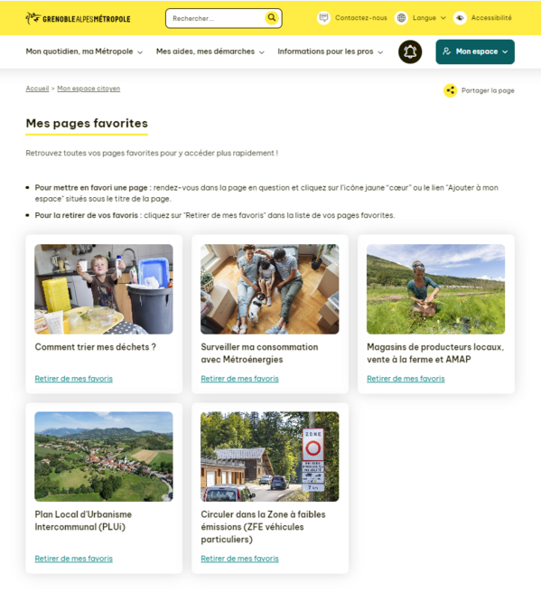 Capture de l'espace citoyen montrant un exemple de la page &quot;Mes pages favorites&quot;