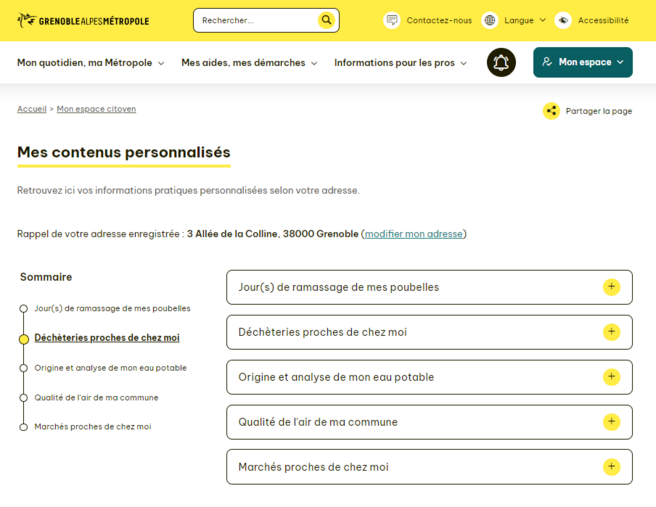 Capture de l'espace citoyen montrant un exemple de la page &quot;Contenus personnalisés&quot;