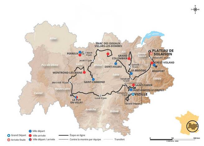 Parcours du Tour Auvergne-Rhône-Alpes 2026 avec les étapes