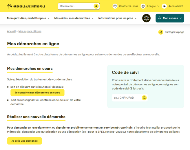 Capture de l'espace citoyen montrant un exemple de la page &quot;Mes démarches en ligne&quot;